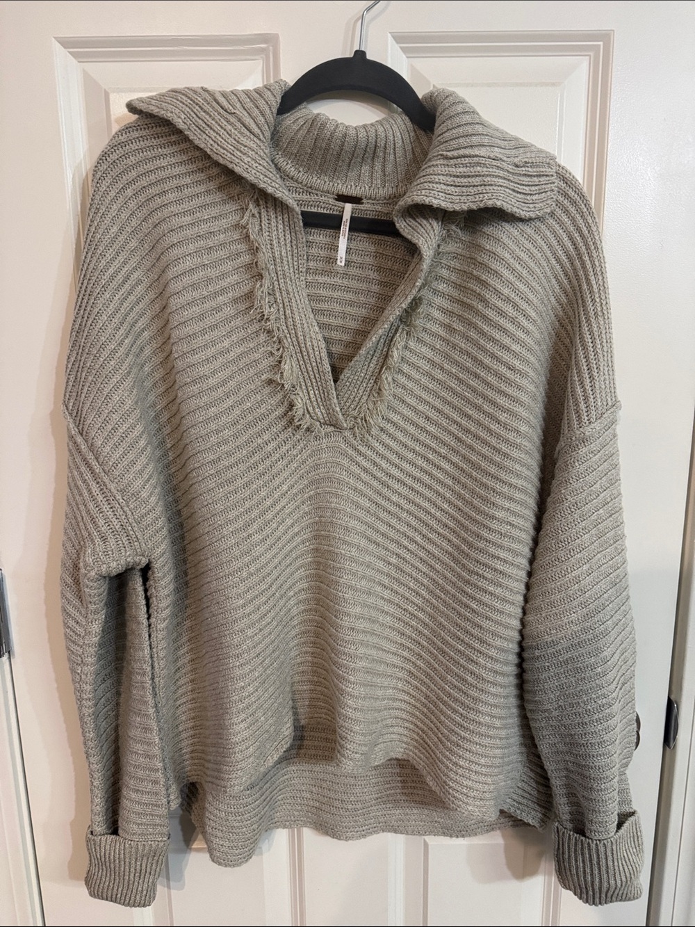 Free People Ribbed Cowl-Neck Pullover Sweater - Light Taupe